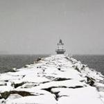 Spring Point Ledge Lighthouse in South Portland, Maine, on the breakwater in Casco Bay.